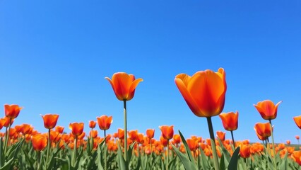 Vibrant tulip field with orange and red flowers under a clear blue sky. Spring landscape symbolizing freshness, nature, and colorful countryside.