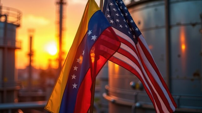 Banderas de Venezuela y Estados unidos frente a un gran tanque de refiner&iacute;a de petr&oacute;leo