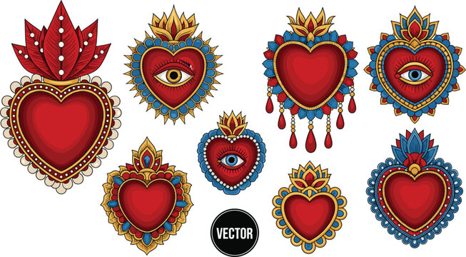 Set of traditional mexican sacred heart milagros with religious eyes and ornate gold crowns isolated on white background for spiritual and folk art vector.