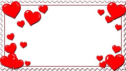 Red hearts arranged like postage stamps forming a decorative frame. Clean romantic background ideal for love letters, cards, and invitations.