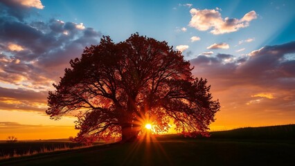 Dramatic sunset shining through a large autumn tree. Scenic landscape with warm colors symbolizing change, nature, and peaceful evening atmosphere.