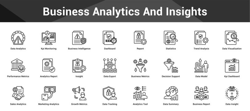 Business Analytics And Insights Cohesive set of minimalist vector icons representing key ideas with visual clarity