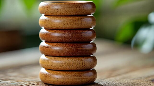 Close-up, static shot of stacked wooden rings on a wooden table.