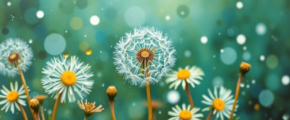 Creative dandelion artwork with floating seeds on a soft green background. Dreamy nature illustration symbolizing freedom, hope, and imagination.