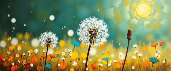 Creative dandelion artwork with floating seeds on a soft green background. Dreamy nature illustration symbolizing freedom, hope, and imagination.