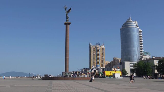 August 22 2025 Square with a memorial stele in front of the Marine Terminal in Novorossiysk Russia on the Black Sea coast. Urban public space and maritime landmark