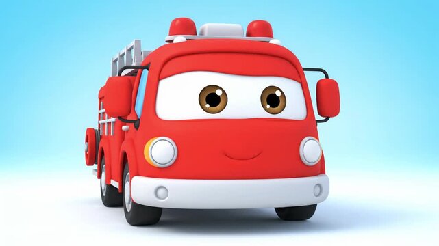 Cute cartoon red fire truck with big friendly eyes on a bright blue background, perfect for children's books, animation, and educational content.