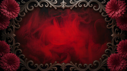 Dark red floral frame with ornate baroque border and dramatic smoky background copy space