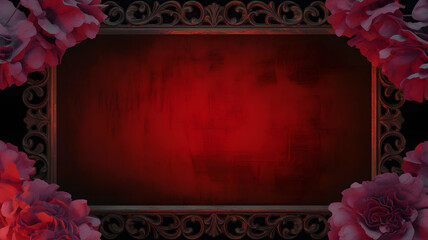 Dark red floral frame with ornate baroque border and dramatic smoky background copy space