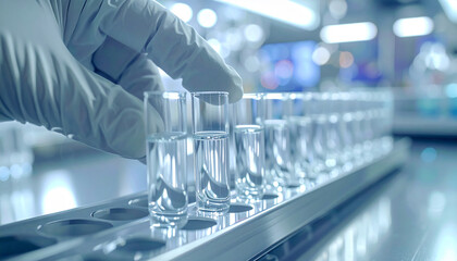 Scientific precision: A close-up shot of a gloved hand carefully handling a rack filled with glass vials. The scene conveys scientific rigor and the pursuit of knowledge.