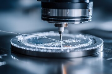 Close view of a cutting machine in a workshop creating designs on metal surfaces during the day