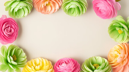 Colorful ranunculus flowers frame on soft beige background with copy space
