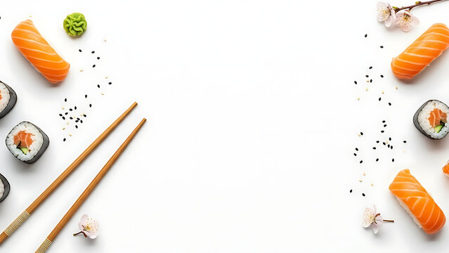 AI-generated sushi restaurant website hero image with salmon rolls and chopsticks on white background - minimalist Japanese food banner with copy space for restaurant homepage header and web design