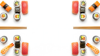 AI-generated sushi flat lay with salmon nigiri and rolls, minimalist Japanese food background for niche sushi restaurant website hero design