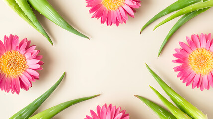 Pink gerbera flowers and aloe leaves frame on soft beige background with copy space