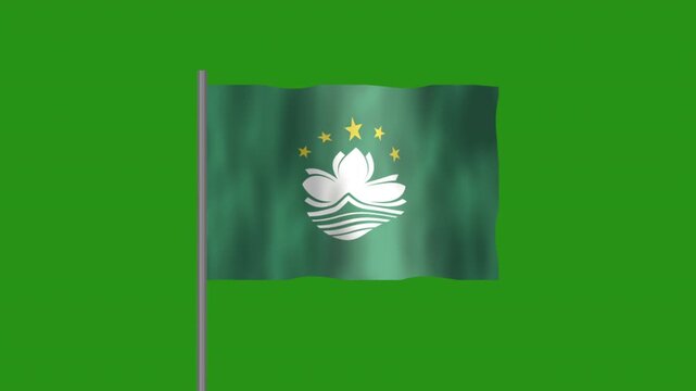 Flag of Macau, Pole flag of Macau on Green screen chroma key, Macau 3D Animation flag waving in the wind isolated on Green Background. 
