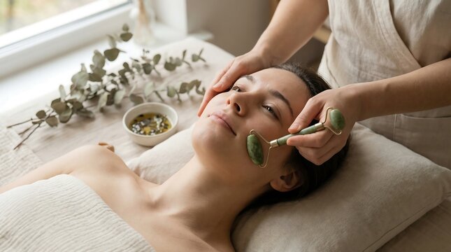 Woman receiving facial massage with jade roller in spa setting wellness relaxation skincare treatment