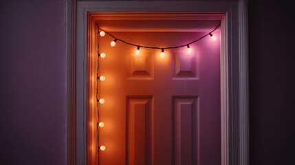Warm orange and pink string lights decorating door frame for cozy home ambiance
