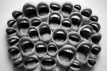 Contemporary art collage featuring screaming mouths. Communication concept, public opinion, public speaking, society, media. Message. Social media announcing 