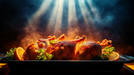 Golden roasted chicken legs with herbs and citrus under dramatic light