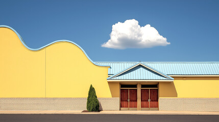 Minimalist yellow building facade with blue roof and single cloud