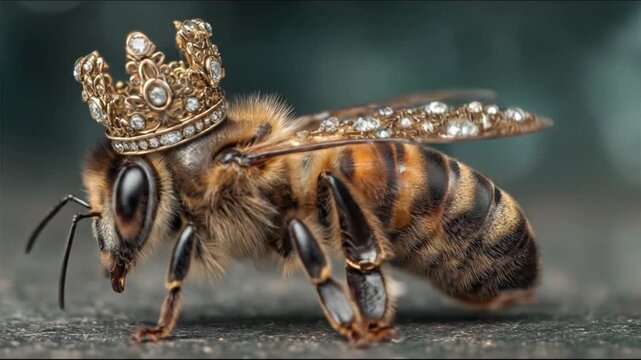 A bee wearing a crown adorned with jewels and precious stones is captured in profile, showcasing its striped body, fuzzy legs, and delicate wings