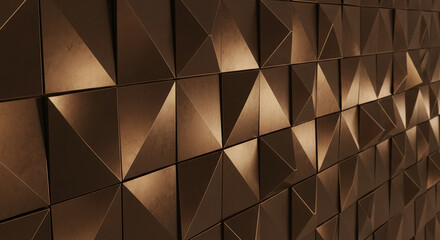 Detailed wall of bronze triangular, polygonal geometric shapes, creating abstract pattern, representative of modern architecture, interior design concept