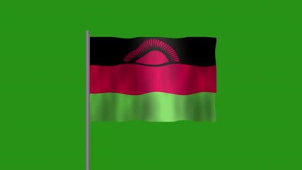 Flag of Malawi, Pole flag of Malawi on Green screen chroma key, Malawi 3D Animation flag waving in the wind isolated on Green Background. 
