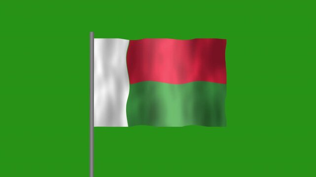 Flag of Madagascar, Pole flag of Madagascar on Green screen chroma key, Madagascar 3D Animation flag waving in the wind isolated on Green Background. 
