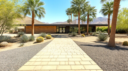 Luxury modern desert house with palm trees and symmetrical pathway entrance