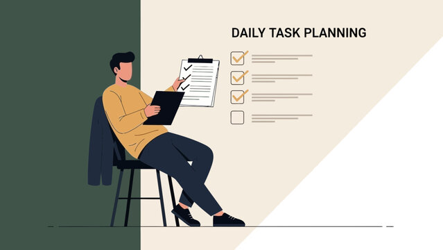 Man planning daily tasks with checklist, time management and productivity concept