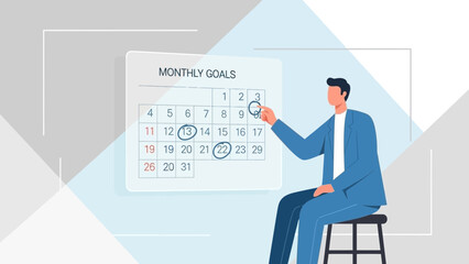 Man planning monthly goals on calendar, business concept illustration