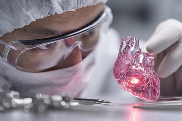 Scientist examines a transparent heart model in a laboratory setting during a research session on medical advancements