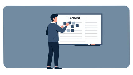 Fototapeta premium Man Planning Project on Whiteboard with Sticky Notes