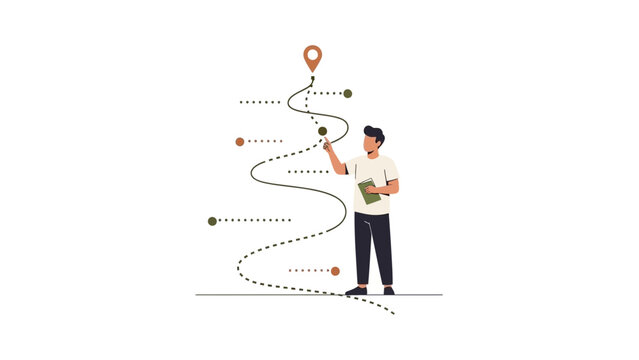 Man planning route with map pins and dotted lines, strategy concept