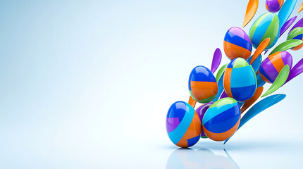 Colorful Easter eggs arranged with leaves on soft blue background  