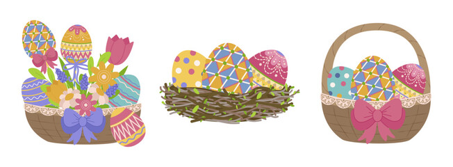 collection Vector illustration of vibrant Easter eggs in decorated baskets and a nest. Featuring floral accents and bows, perfect for springtime celebrations and holiday designs.