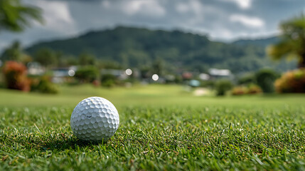 Close-up white golf ball on green course on blurred beautiful landscape of golf course in bright day time