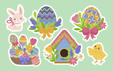 set Vector illustration of colorful Easter stickers featuring decorated eggs, a bunny, a chick, a birdhouse, and flowers. Perfect for Easter crafts, greetings, and decorations.