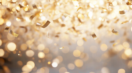 Luxury golden confetti background with sparkling bokeh lights and glitter