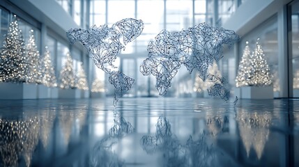 A modern interior scene featuring a wireframe world map and illuminated festive decor