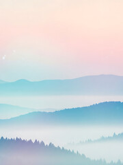 Soft pastel mountain landscape at dawn with layered hills  
