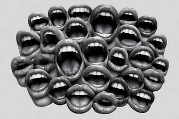 Contemporary art collage featuring screaming mouths. Communication concept, public opinion, public speaking, society, media. Message. Social media announcing 