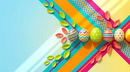 Colorful Easter eggs with leaves on vibrant striped background  