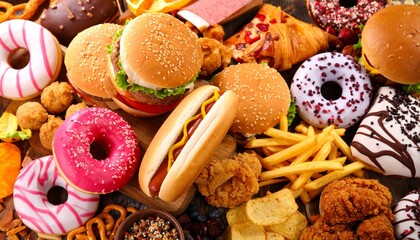 The scene is filled with a colorful assortment of junk food, such as crispy fries, flavorful burgers, and sugary donuts, symbolizing the bad eating practices that may increase the risk of cancer.