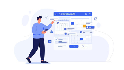 Man interacts with digital planner interface, planning tasks and schedule