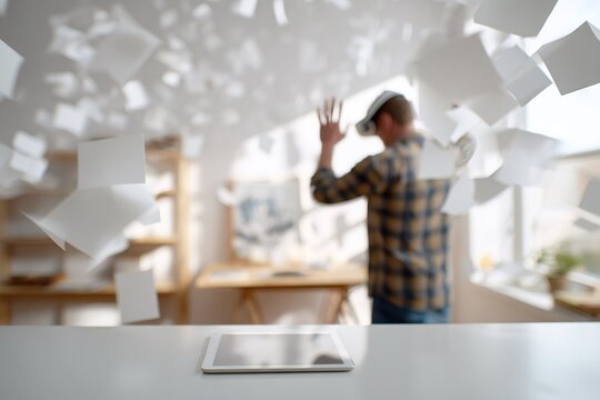 Virtual reality experience shows person interacting with digital space and floating papers in an office setting