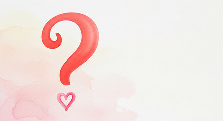 Watercolor image of a red question mark above a small heart on pale background, representing uncertainty in love, relationship or feeling, Valentine's Day