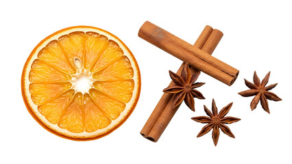 Vibrant orange slice with cinnamon and star anise
