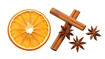 Vibrant orange slice with cinnamon and star anise